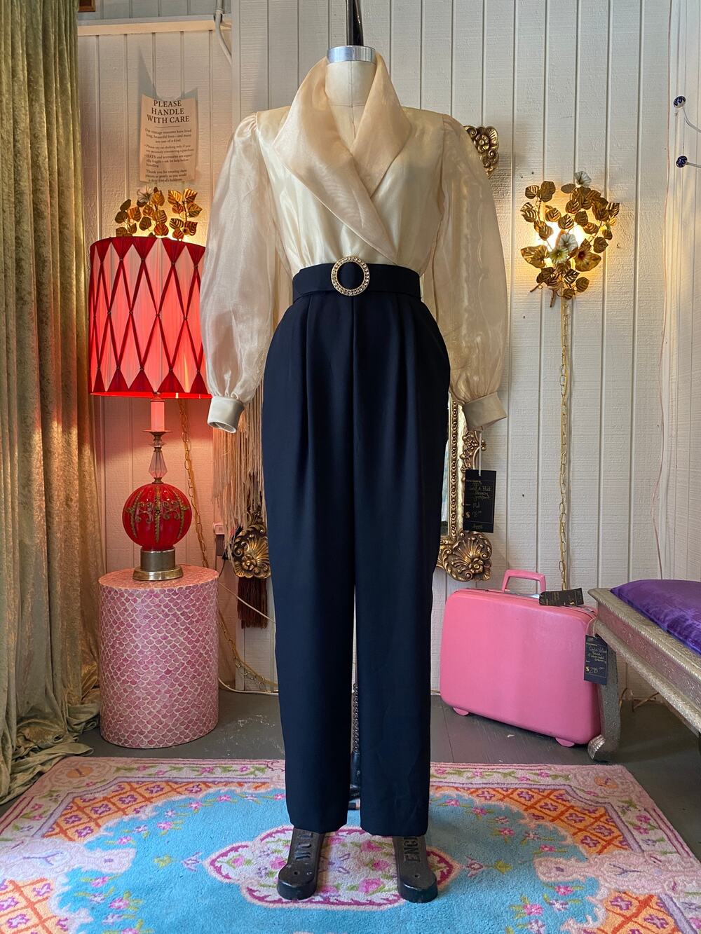 vintage 1980s gold black formal jumpsuit, 80s cocktail pantsuit, gold organza, m